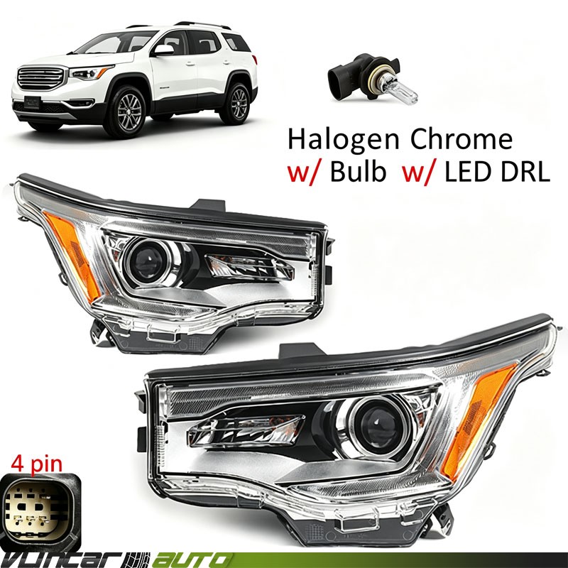 Pair For GMC Acadia 2017-2019 Chrome Halogen Headlights w/ LED DRL Left & Right Pair For GMC Acadia 2017-2019 Chrome Halogen Headlights w/ LED DRL Left & Right