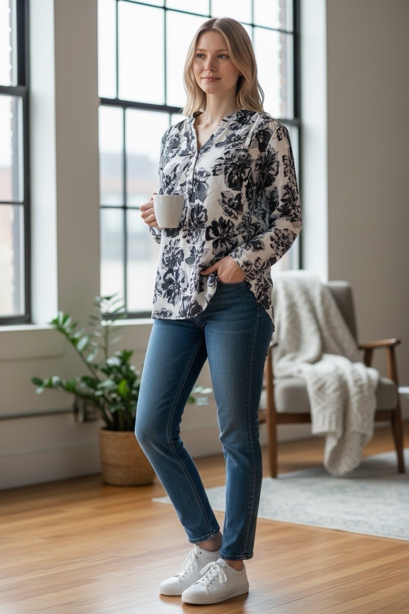 NWT Monday Fun Kearney Henley Blouse L Floral Rose Boho StitchFix 3/4 Sleeve