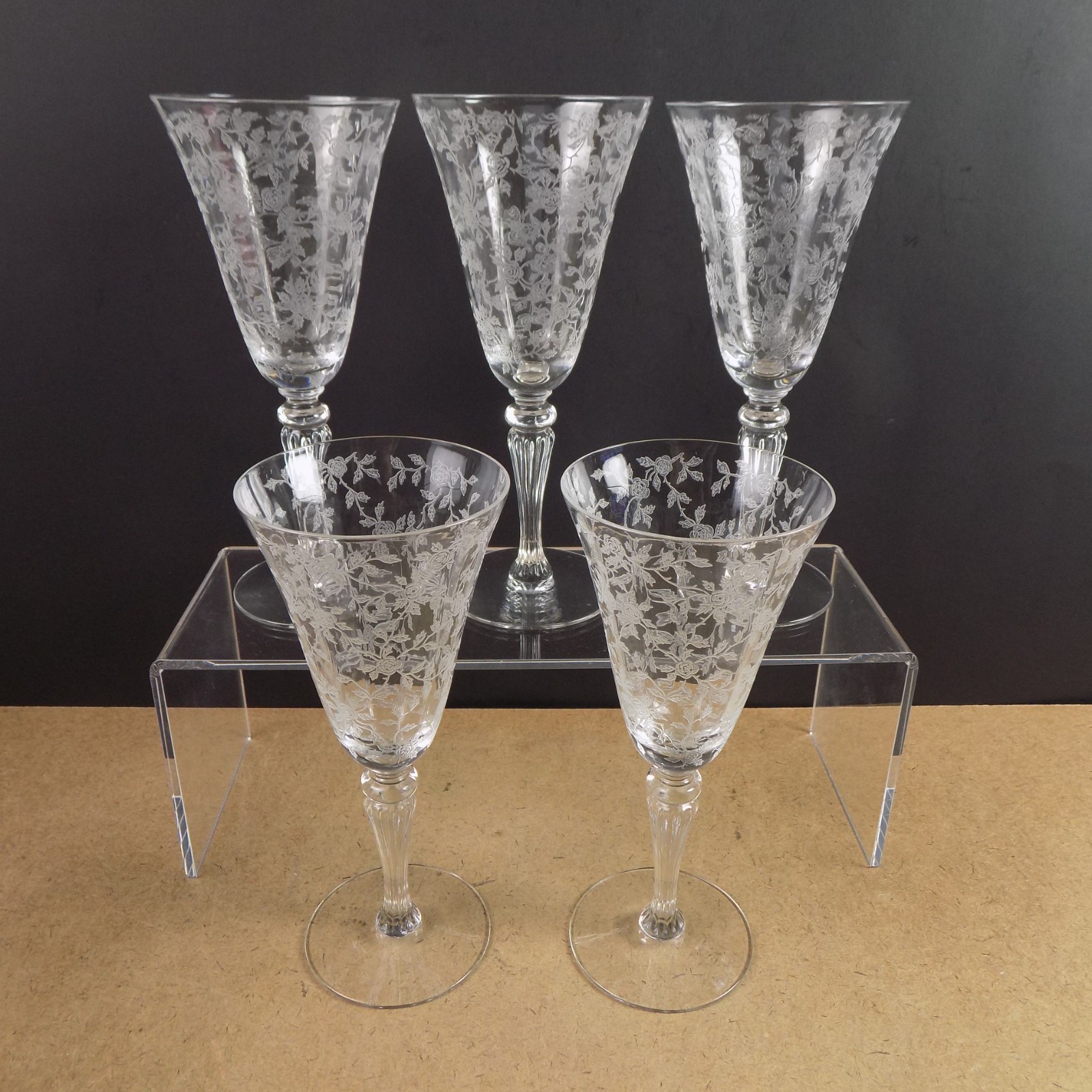 5 Tiffin Franciscan Cerise Water Glasses Goblets Etched Roses 7-7/8\