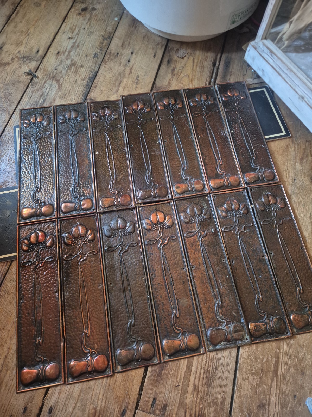 Antique Old art nouveau copper tin flower finger push door plates Reg#