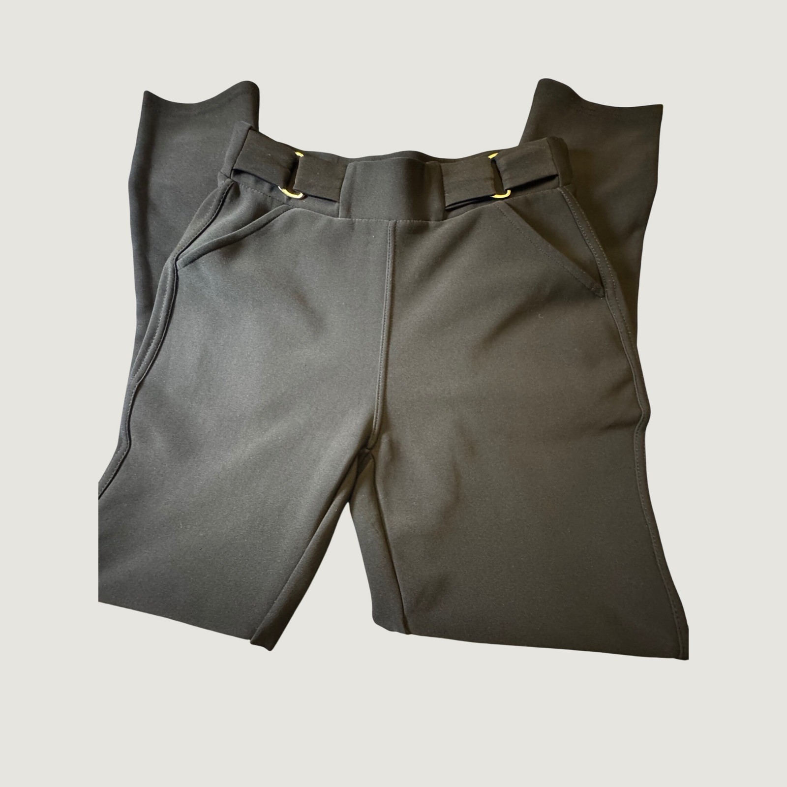 Indero Womens Black Pull On Dress Pants Gold D-Ring Accent Slim Leg Size S/M Indero Womens Black Pull On Dress Pants Gold D-Ring Accent Slim Leg Size S/M
