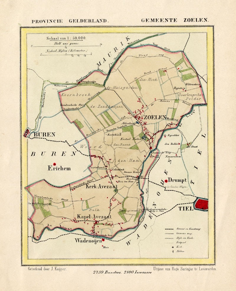 ANTIQUE MAP-NETHERLANDS-ZOELEN-GELDERLAND-KUYPER-1865