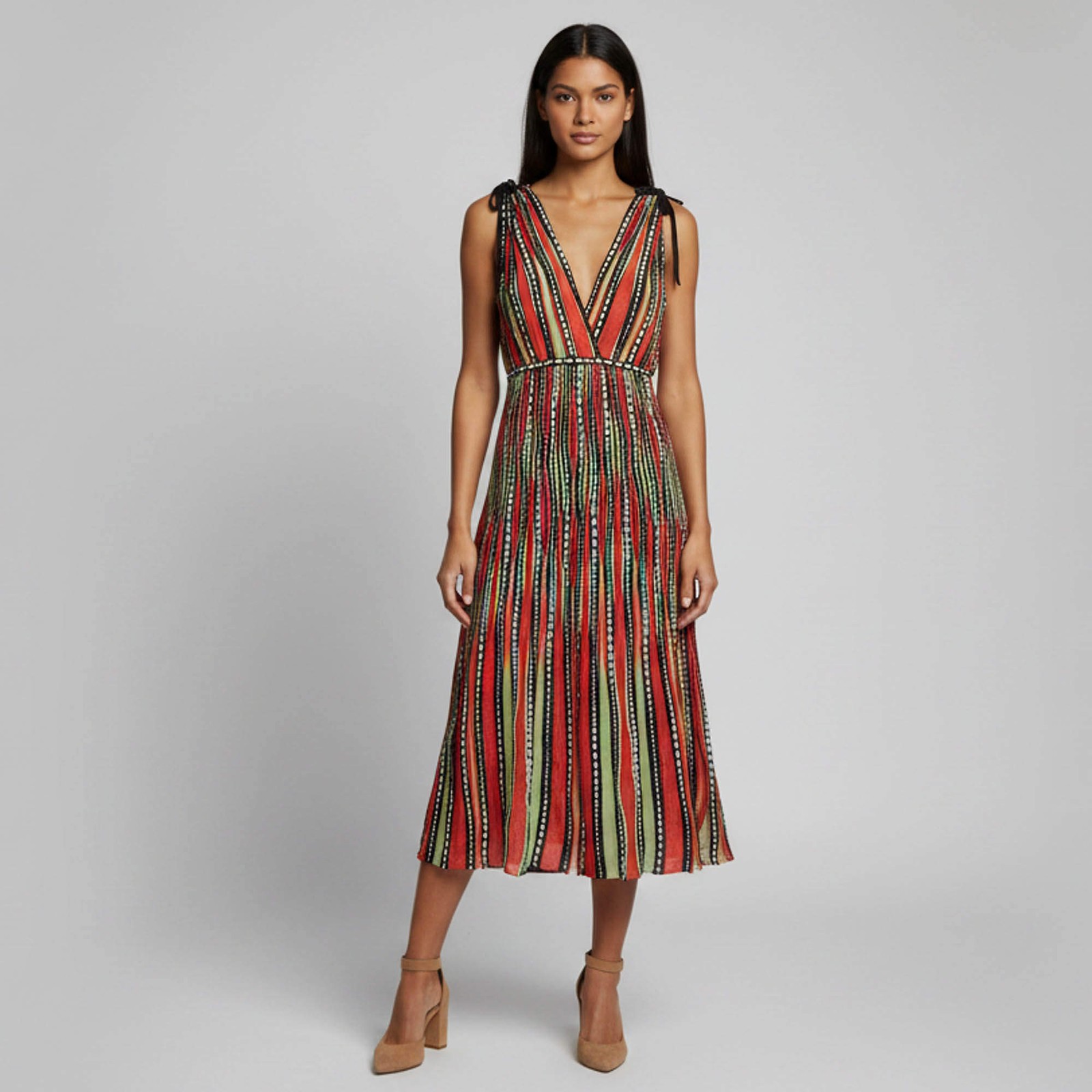 M Missoni RedGreen Striped Lurex Knit Sleeveless Midi Dress L