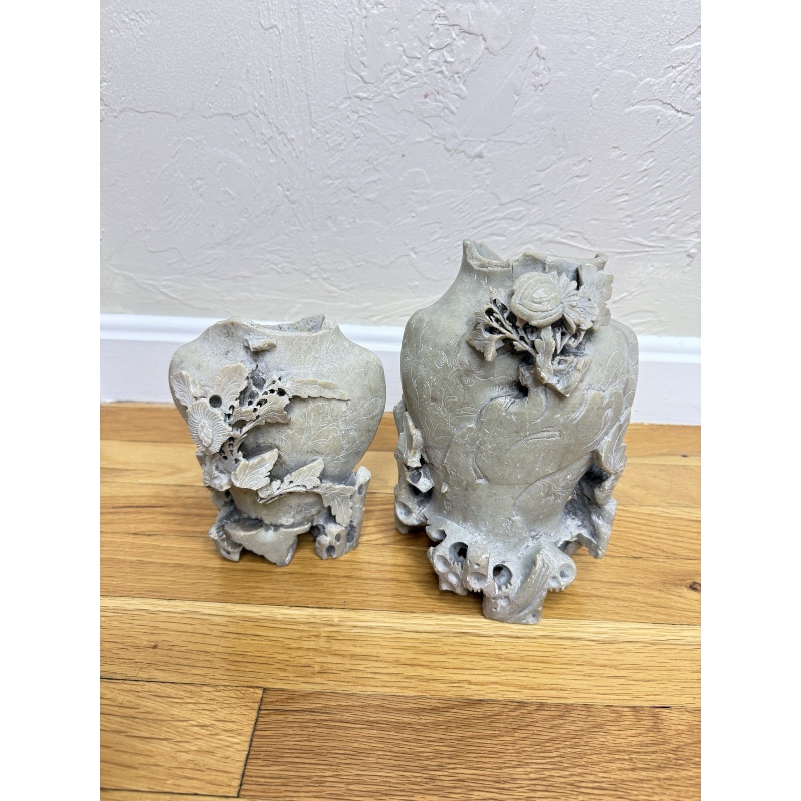 Vintage Chinese Soapstone Finely Hand-carved Floral Vase Set Of 2