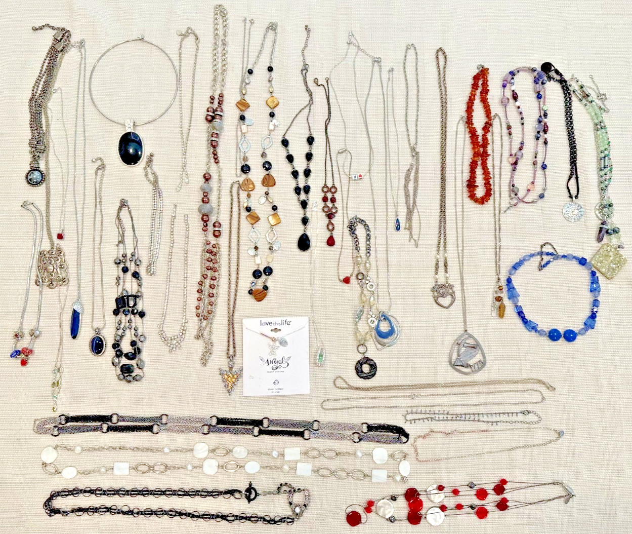 LOT OF 40+ VINTAGE SILVER TONE, BEADED NECKLACES: VARIETY OF SIZES, STYLES I14