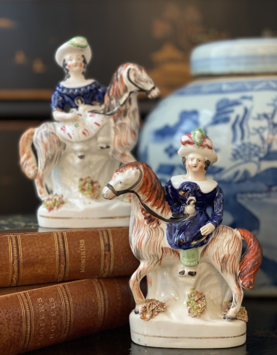 Superb Rare Petite 19C English Staffordshire Boy Girl Royal Horse Equine Pair 6”
