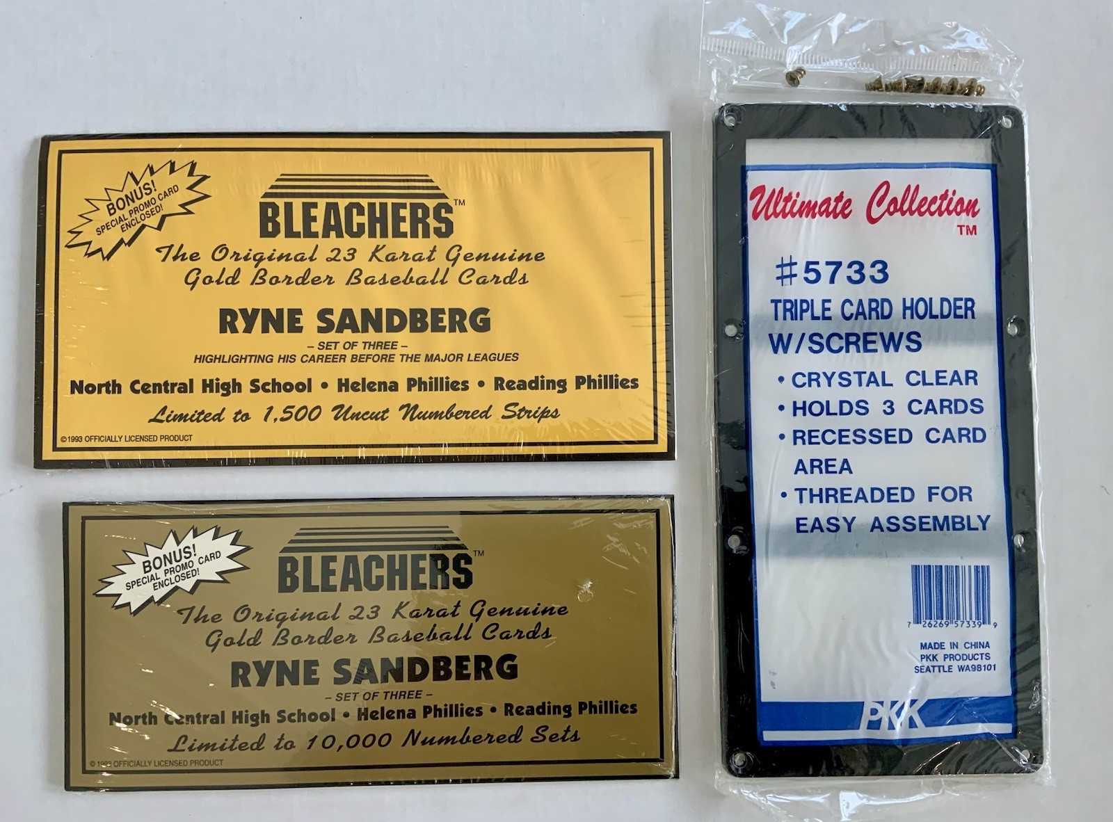 1993 Bleachers 23 KT Gold Ryne Sandberg Set /1500 Uncut Strips & /10000 w/holder 1993 Bleachers 23 KT Gold Ryne Sandberg Set /1500 Uncut Strips & /10000 w/holder