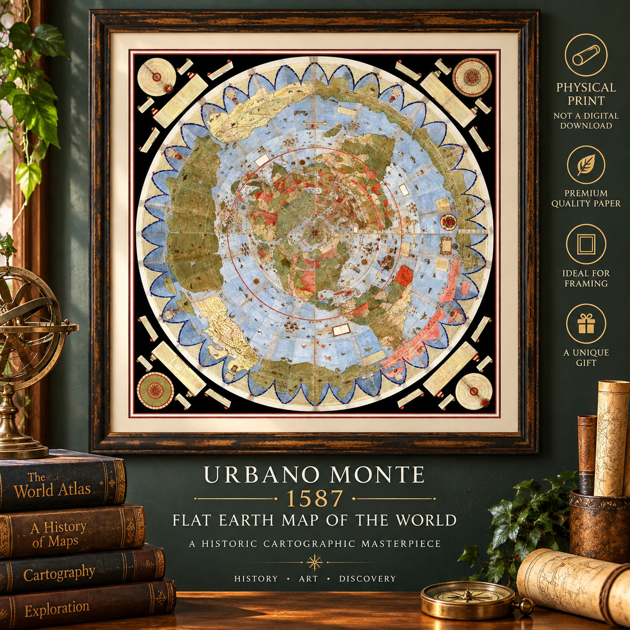 Flat Earth Map 1587 Urbano Monte, Antique World Map, Vintage Old World Map 24x24