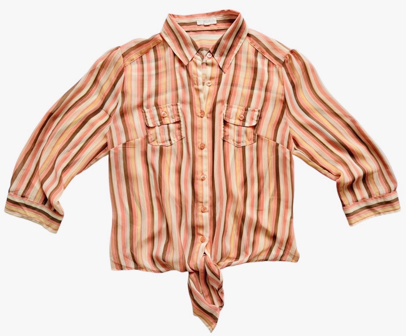MINE Women’s L Pink Brown Striped Collared 3/4 Sleeve Top 70s Boho Retro