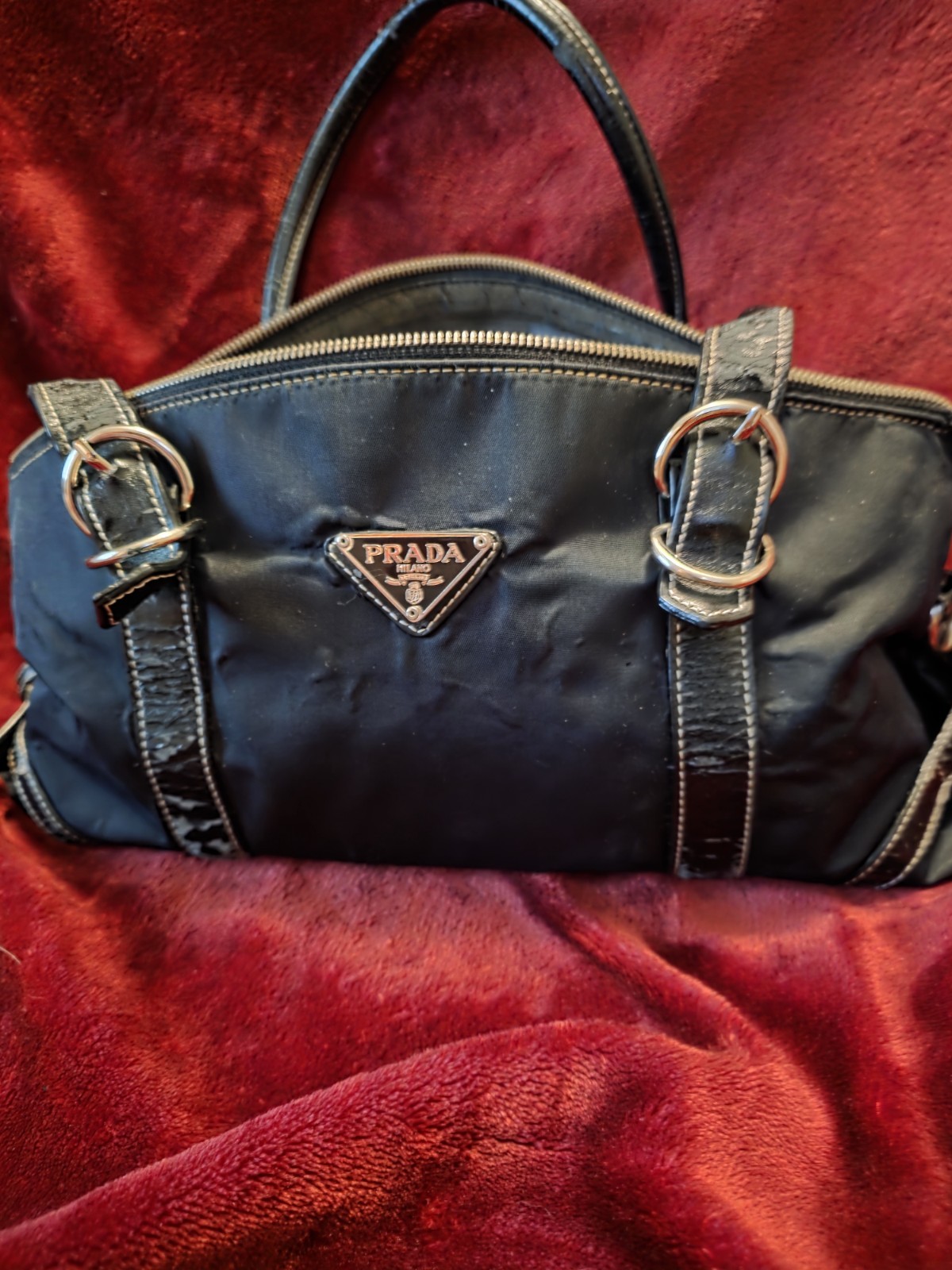 PRADA Black Zip Top Logo Plaque Shoulder Bag Silver Hardware Double Handles