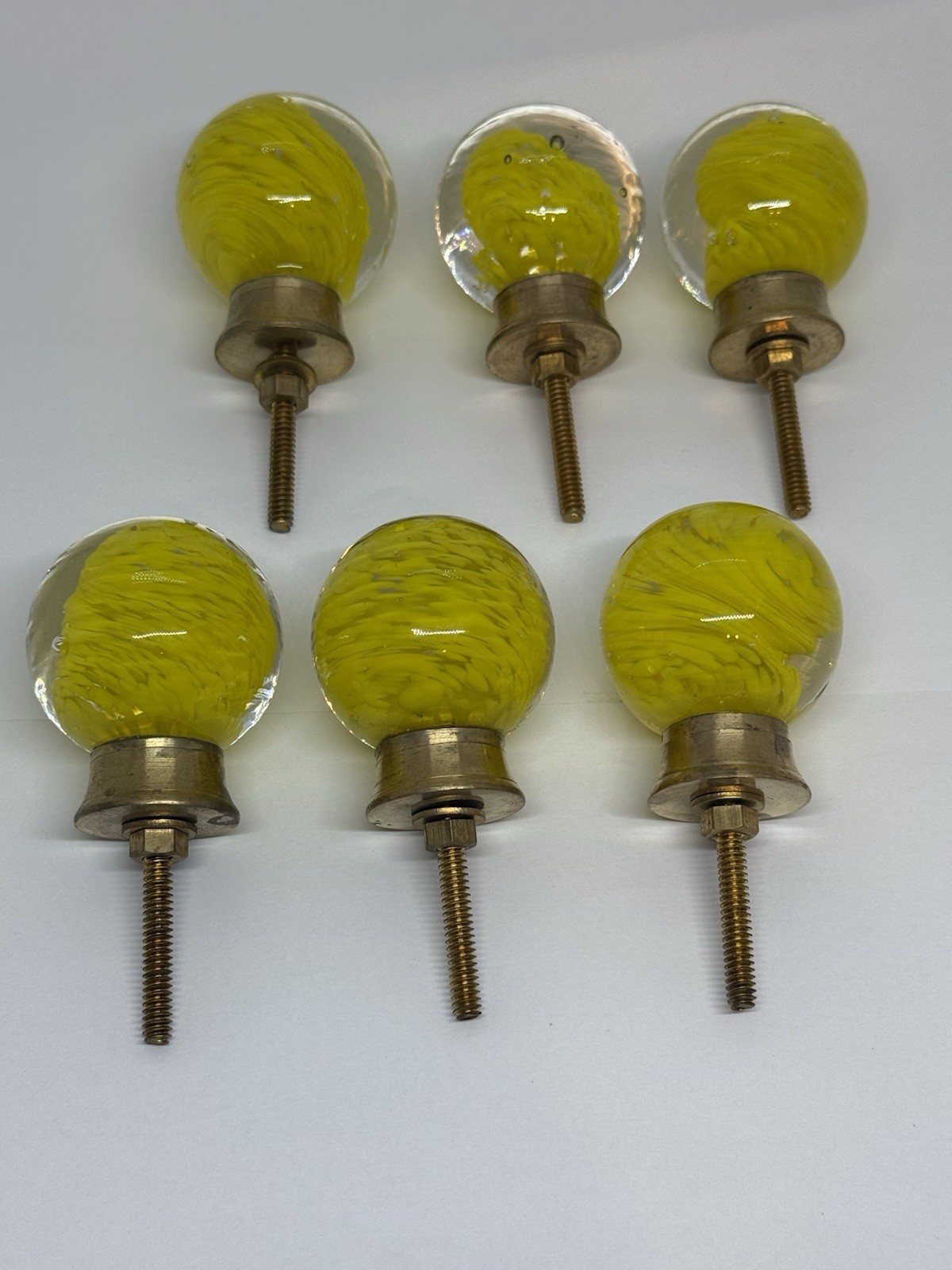 Set of 6 Vintage Mid Century Hand Blown Solid Brass Drawer Pulls Knobs Retro