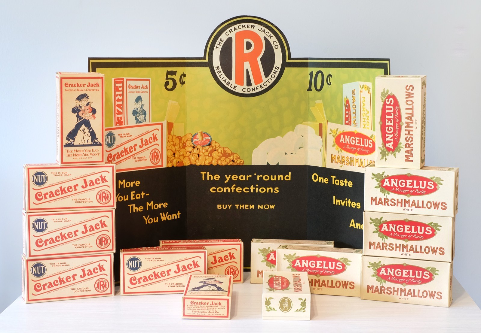 Rare 1920s Cracker Jack Popcorn & Angelus Window Display Sign with 14 Boxes