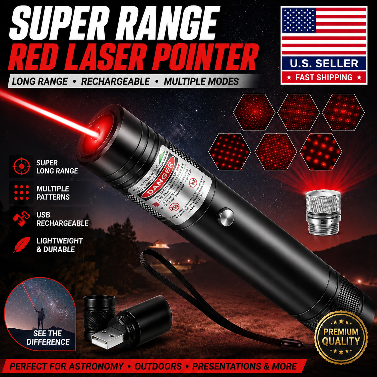 Rechargeable red Laser Pointer Long Range Beam Astronomy Pen