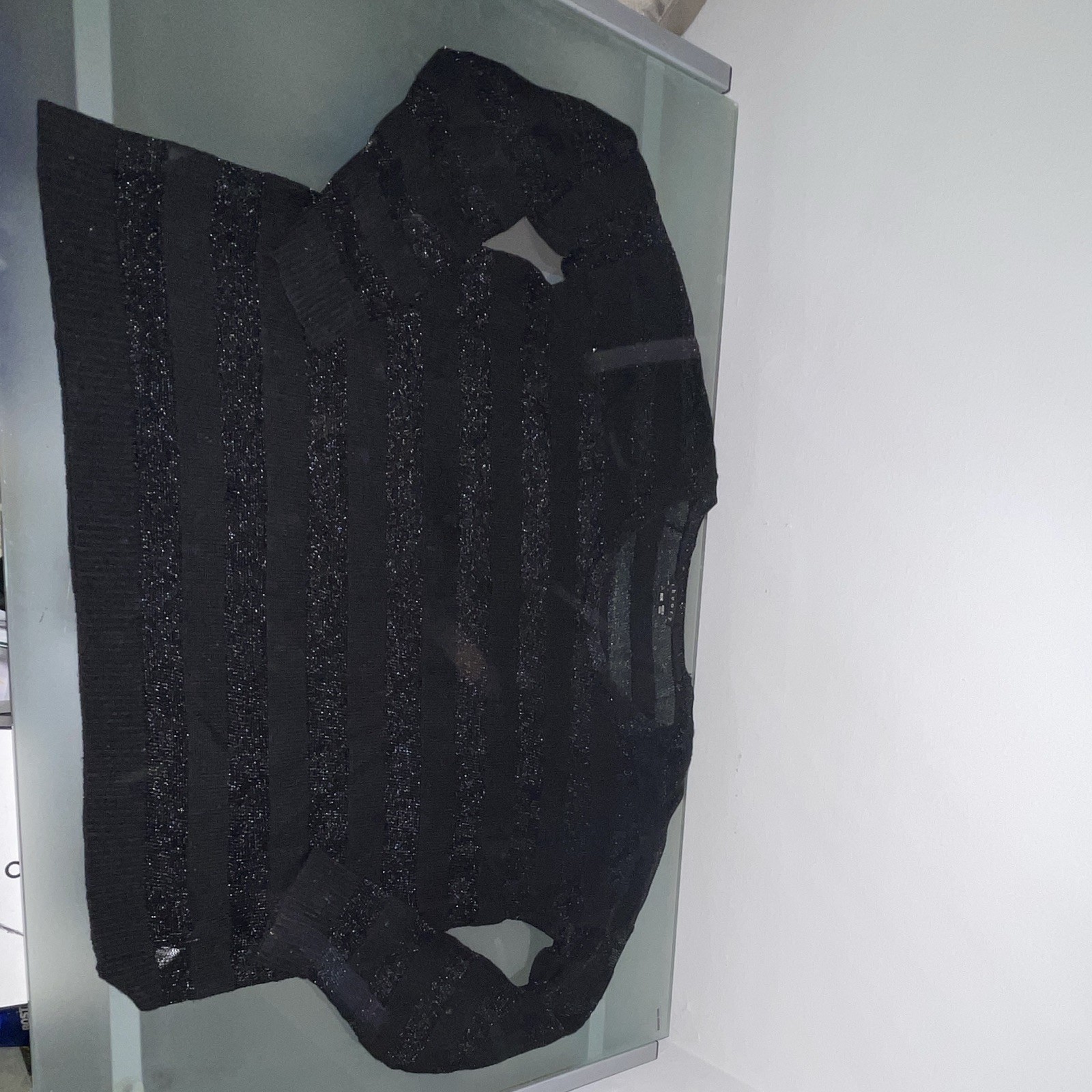 Theory Women’s Black Glitter Striped Knit Crew Neck Pullover Sweater M
