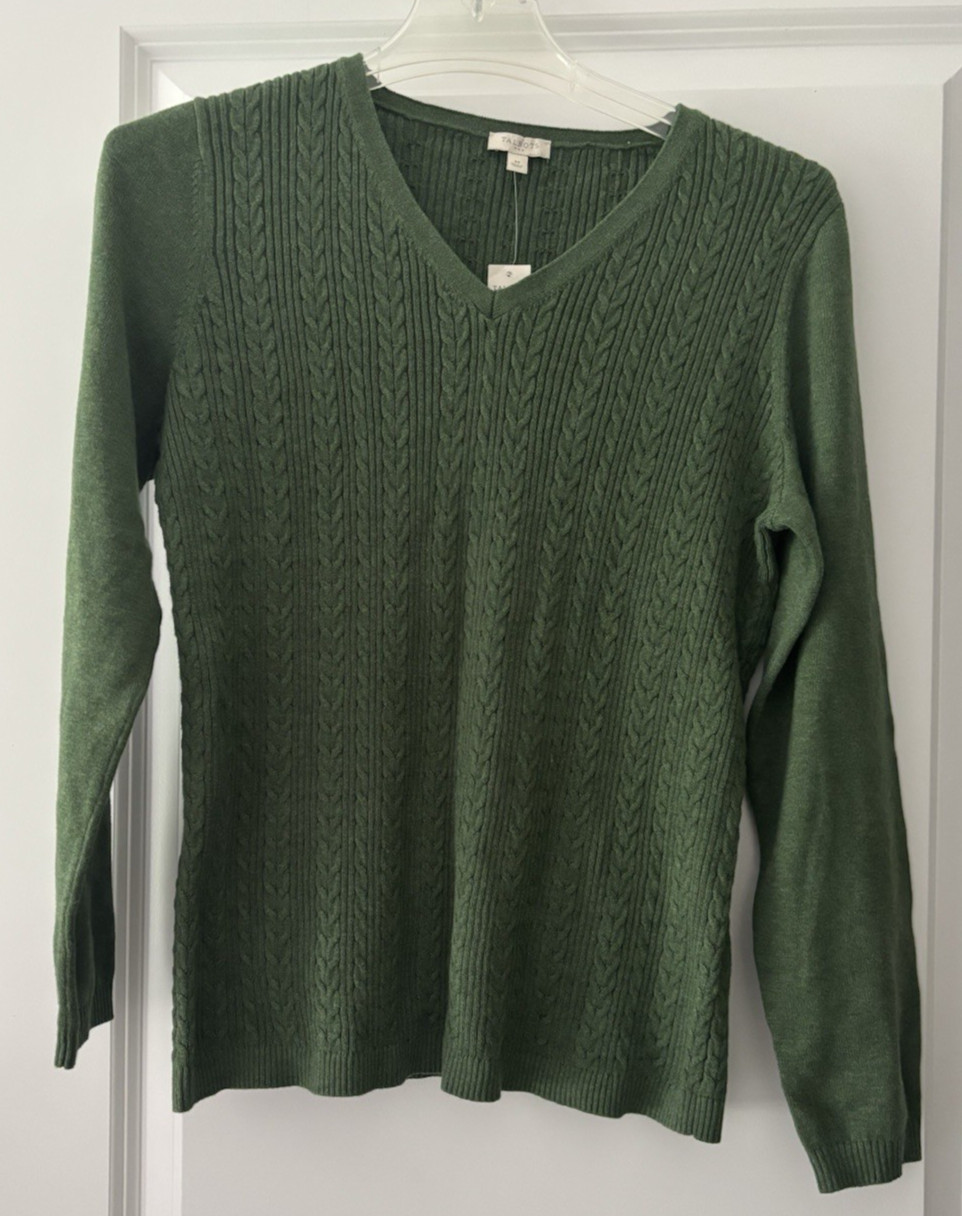 NWT Talbots Outlet Green V-Neck 100% Cable Knit Pullover Sweater Medium NEW
