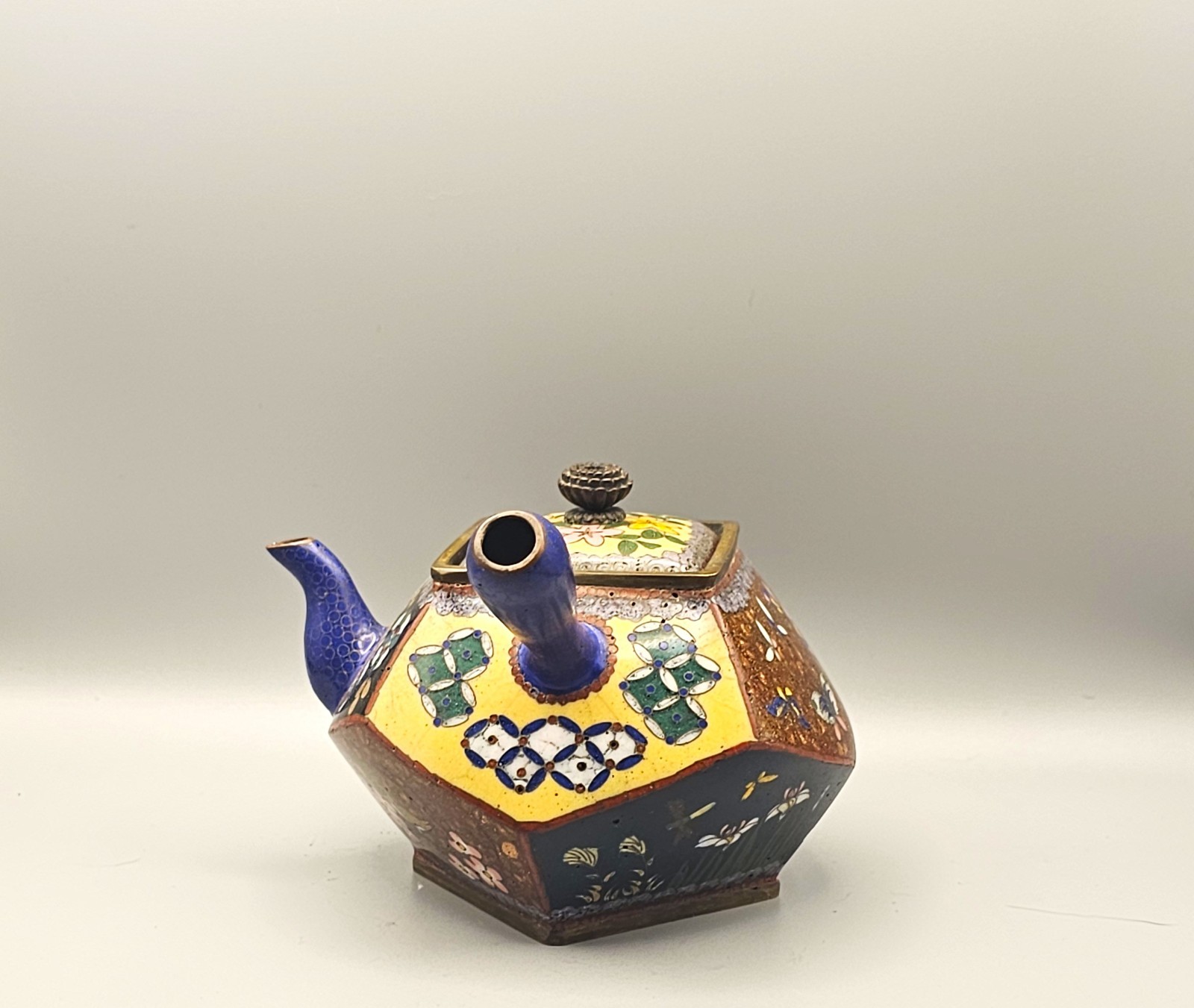 19th c. Japanese Goldstone Cloisonne Kyusu Teapot Double Square Antique