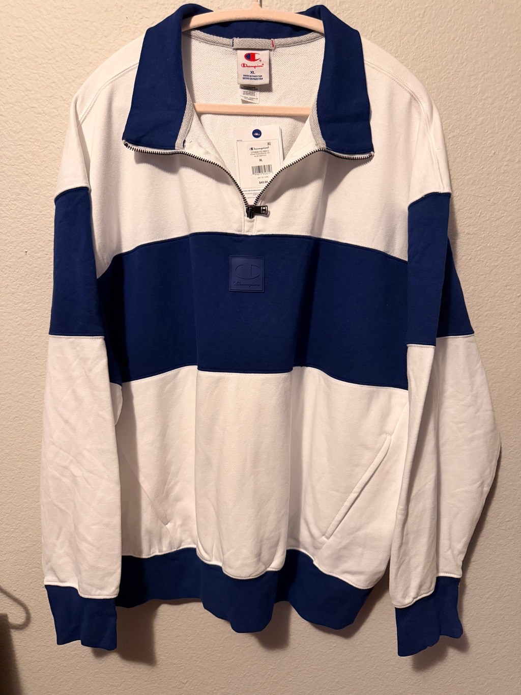 Men\'s Champion Quarter-Zip Sweatshirt, XL, White and Blue