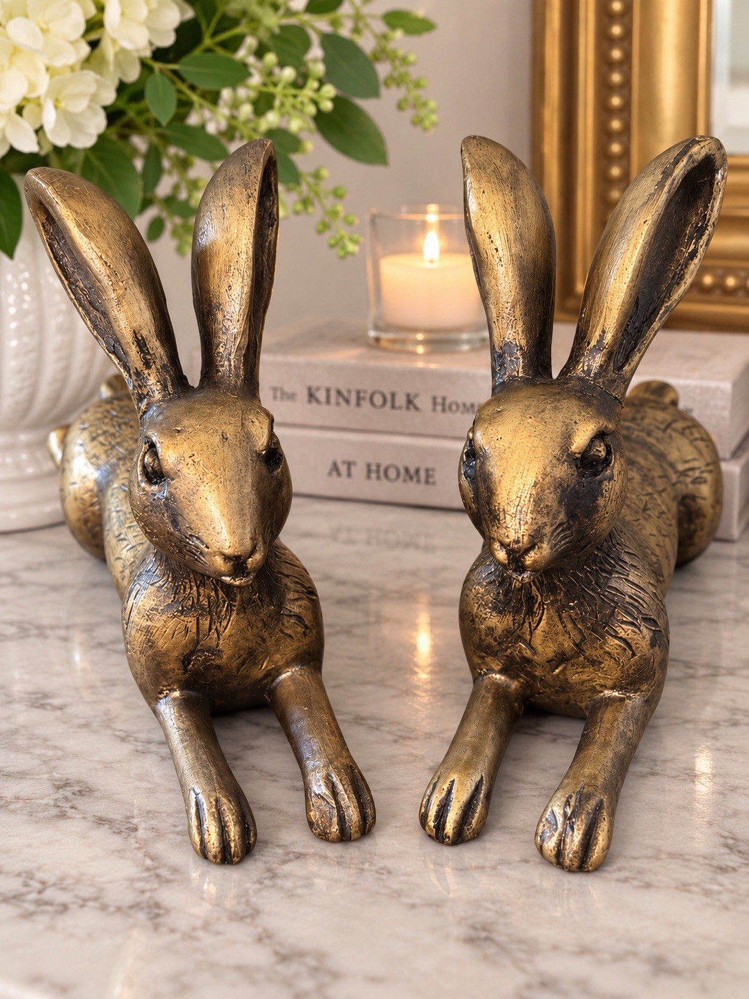 TWO Antique Gold Bunny Rabbit Bookends Vintage Style Bookends Figurines 9”