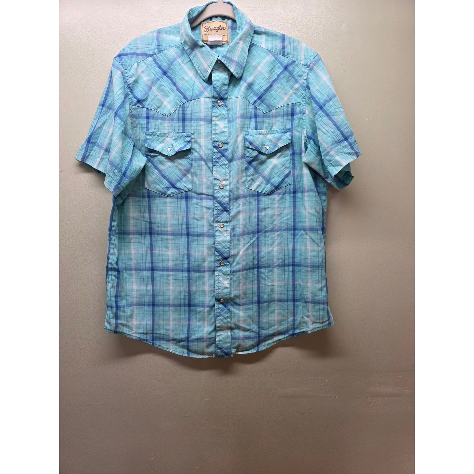 Wrangler Men\'s Western Snap Shirt Retro Turquoise Plaid L