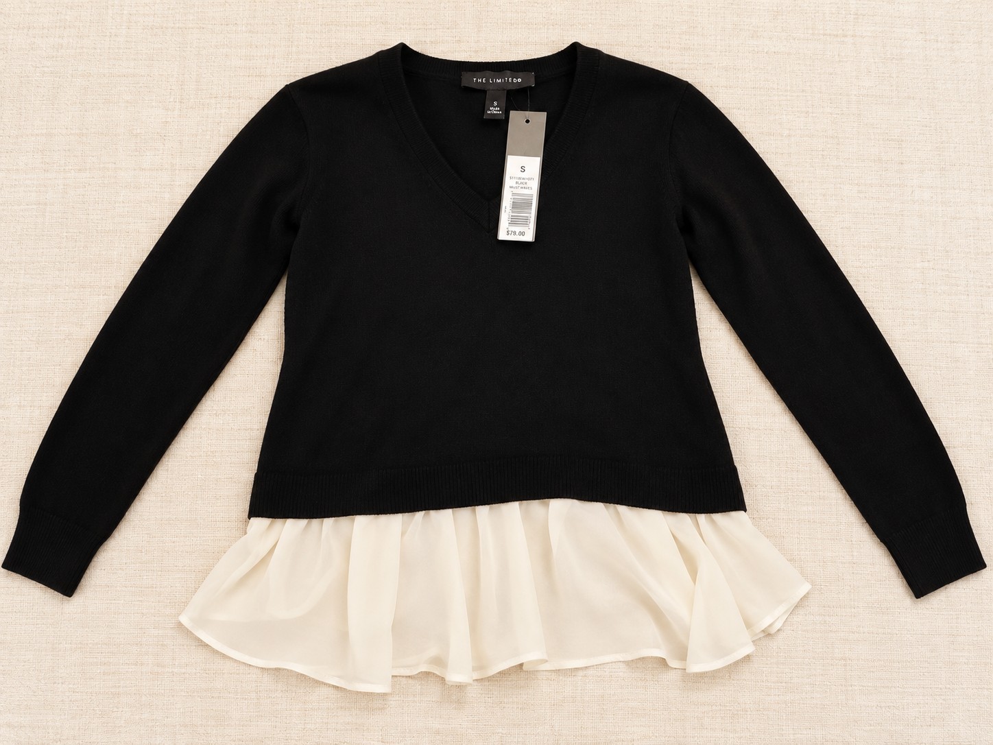 The Limited Women\'s Sweater S Black Ivory Layered Ruffle Hem NWT $79