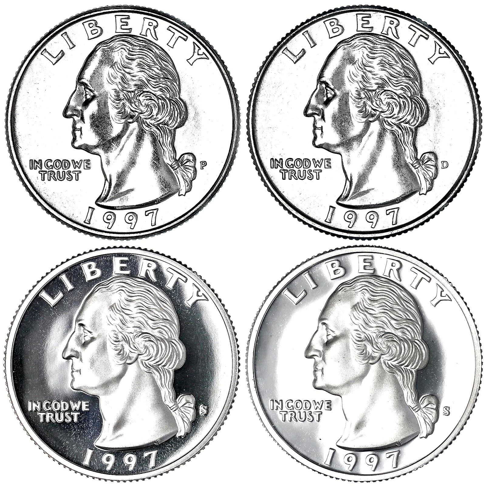 1997 P D S Washington Quarters Silver & Clad Proof & BU 4 Coin Year Set