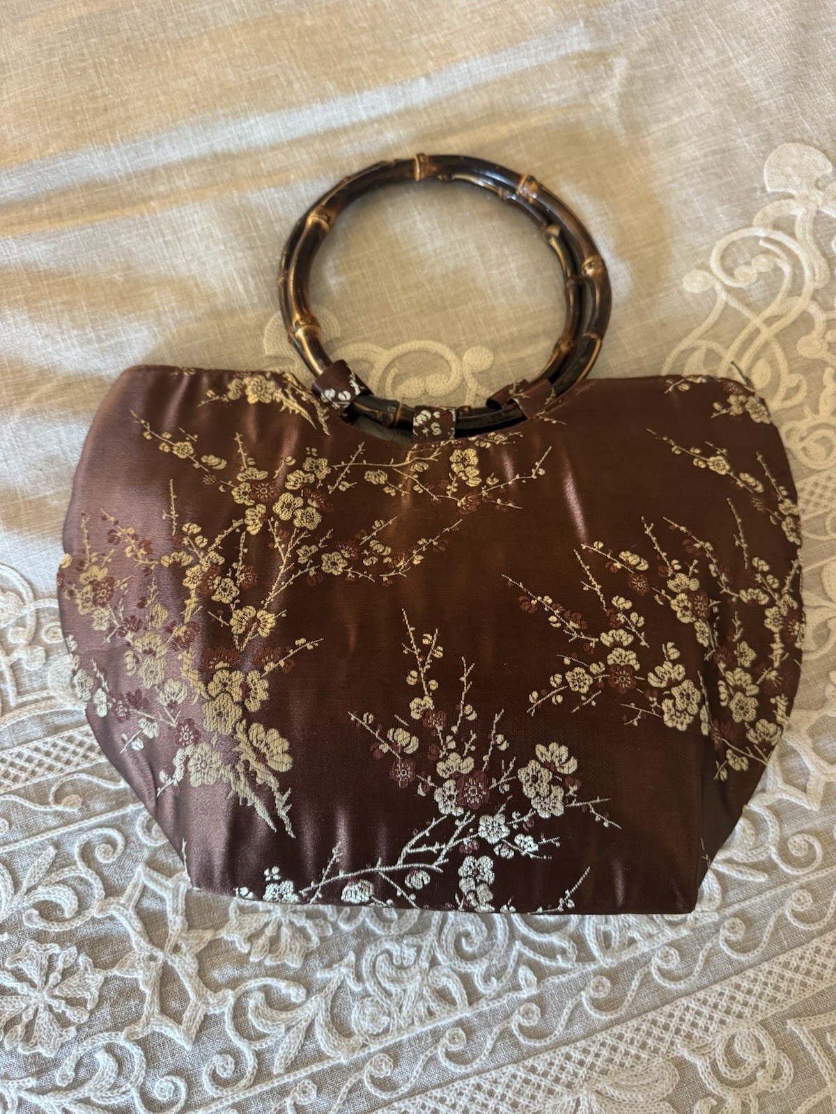 Vintage Asian Style Silk Tote Handbag Embroidered Brown Vintage Asian Style Silk Tote Handbag Embroidered Brown