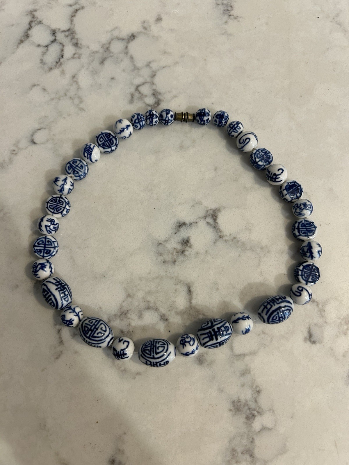 Vintage Blue White Porcelain Bead Necklace Chinoiserie Asian Symbols 15”
