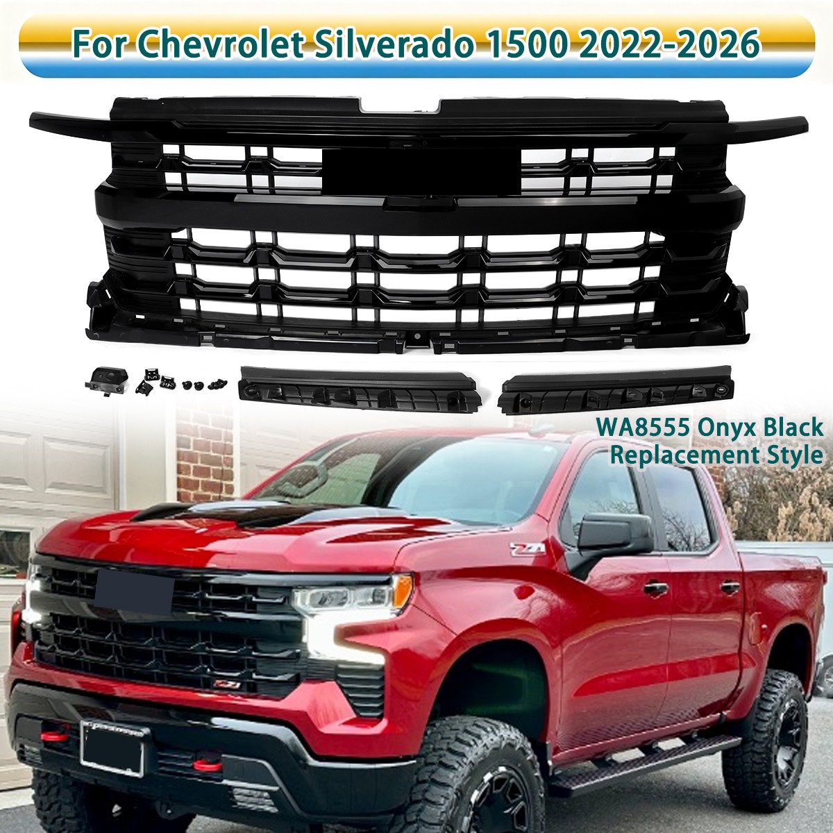 Onyx Black Front Hood Grille Grill For 2022-26 Chevy Silverado 1500 High Country