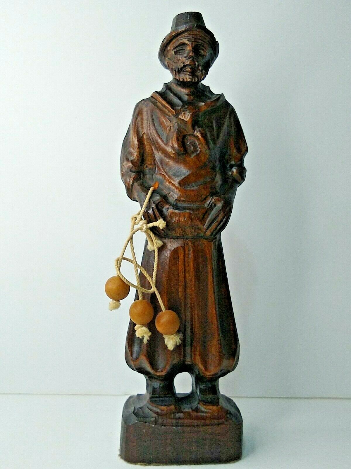 Vtg Hand Carving Wood Hunter Man with rope beads 9.5\