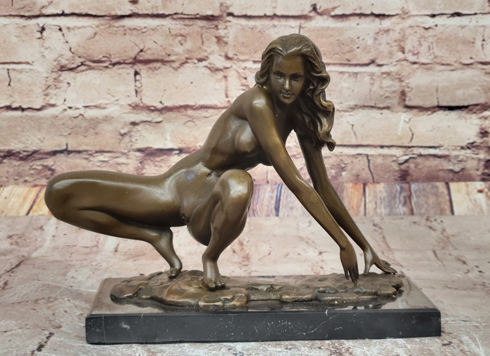 Signed Original Abstract Modern Art Woman Stretches her Body Bronze Statue Deco