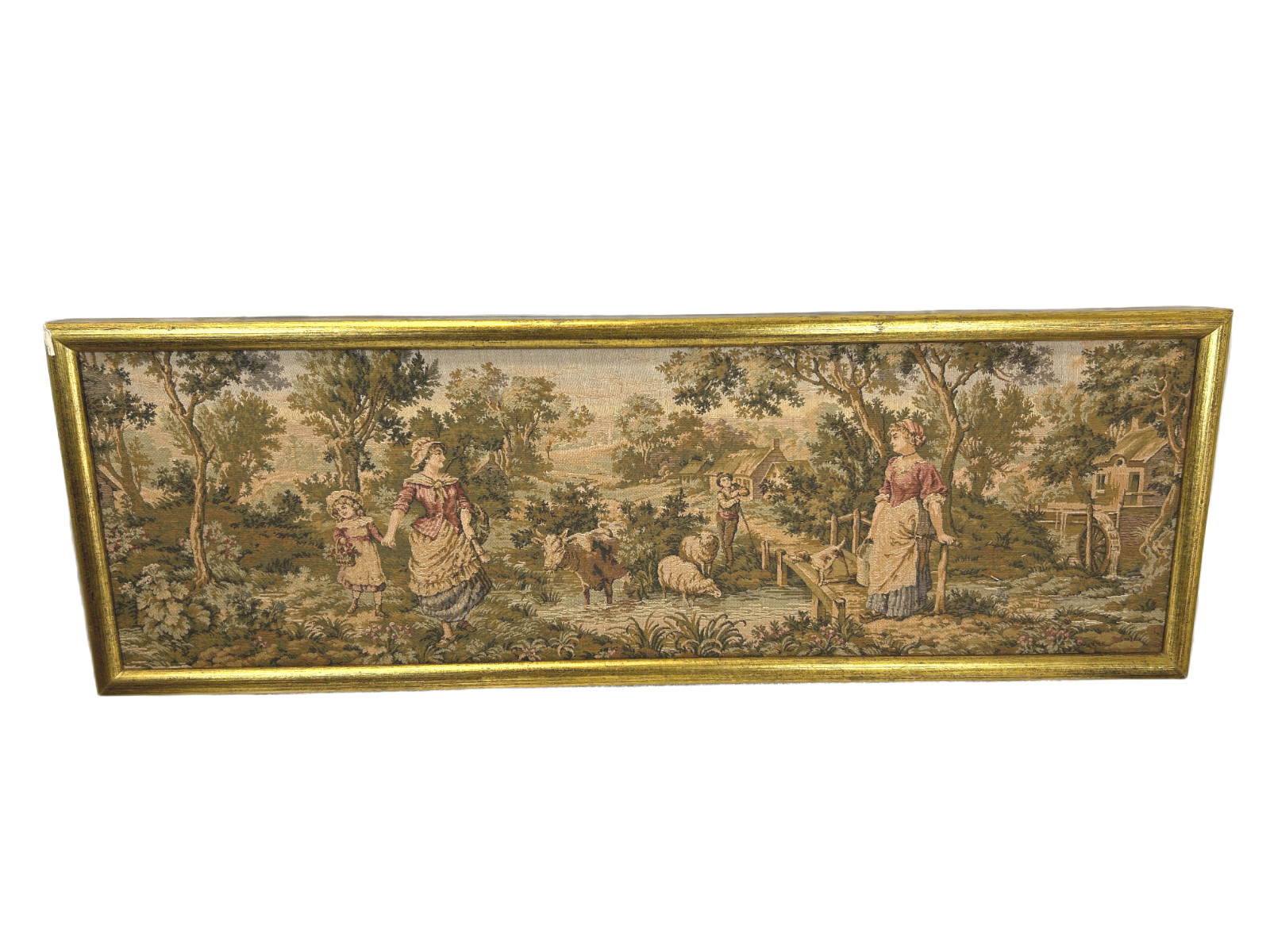 Vintage Greek Gobelin Pastoral Woven Tapestry Wall Art Gilt Frame 30\