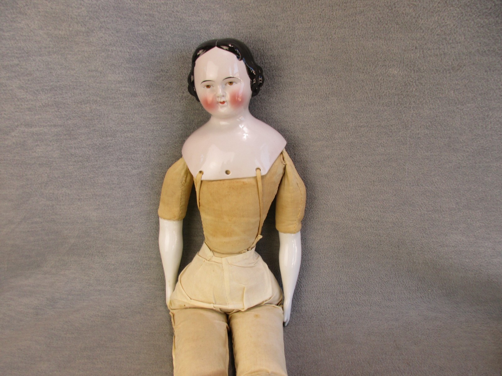 Antique German China Head Doll Molded Black Hair Cloth Body China Arms 1800s