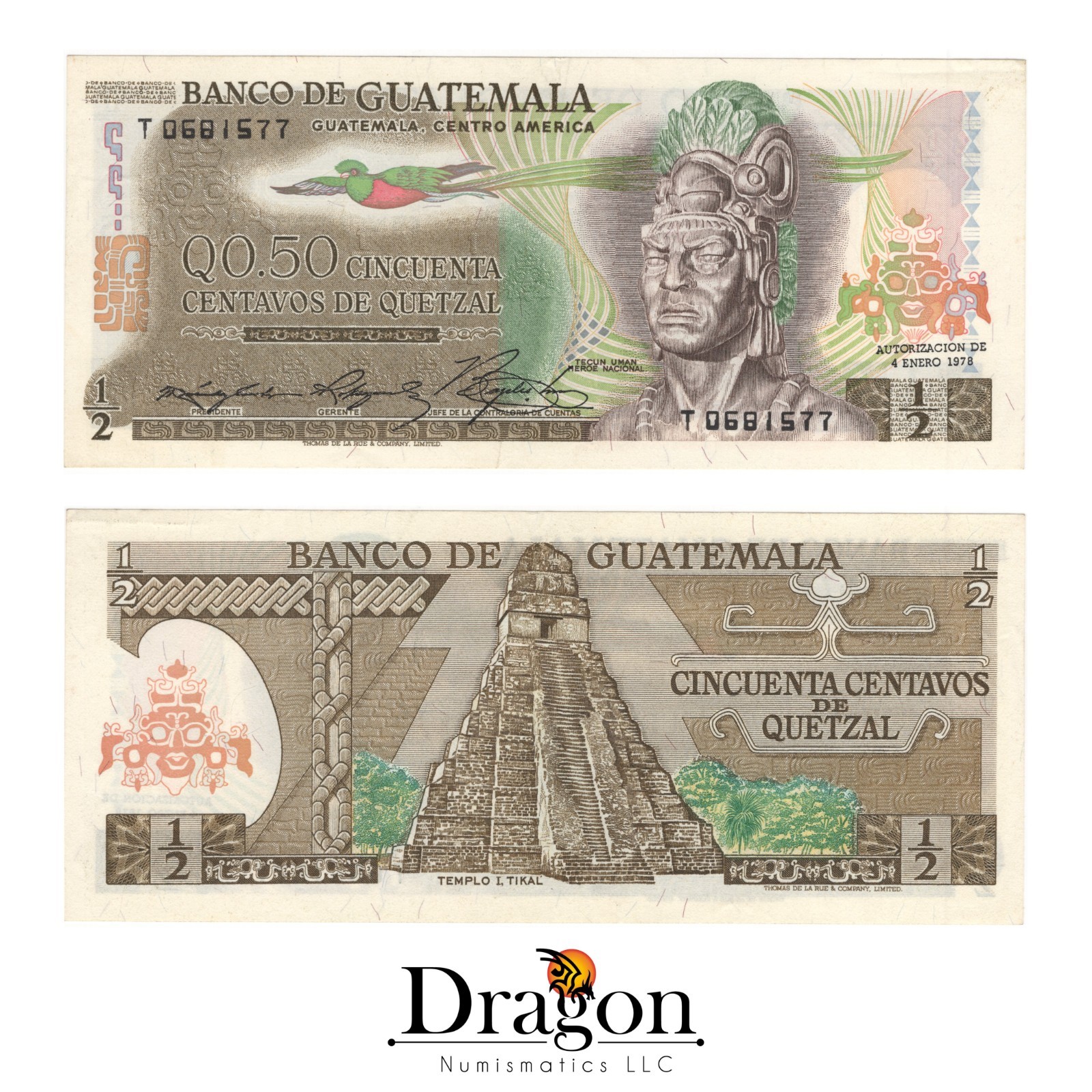 Guatemala 1/2 Quetzal 50 Centavos note|Tecun Uman CENTRO AMERICA|P58|1978 AU