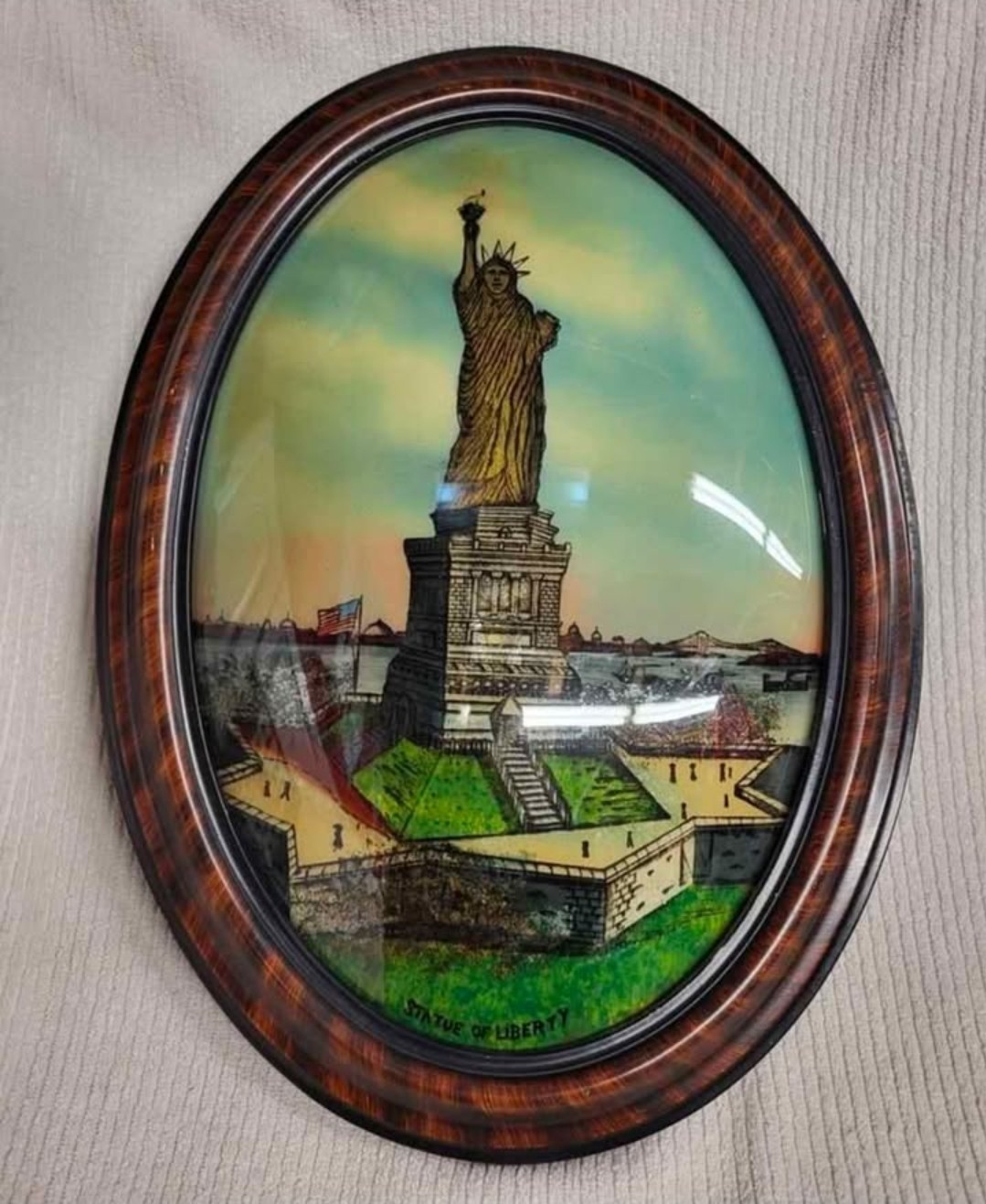 ANTIQUE AMERICAN FOLK ART REVERSE GLASS PAINTING STATUE OF LIBERTY 23 x 17 USA