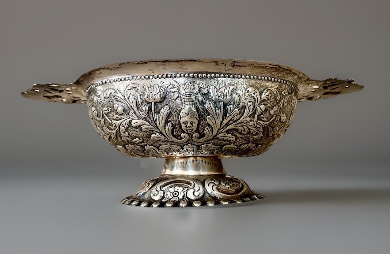 Antique H.J. WILM Silver Brandy Statement Bowl Hanau Repousse Birds Masks 9.5” W