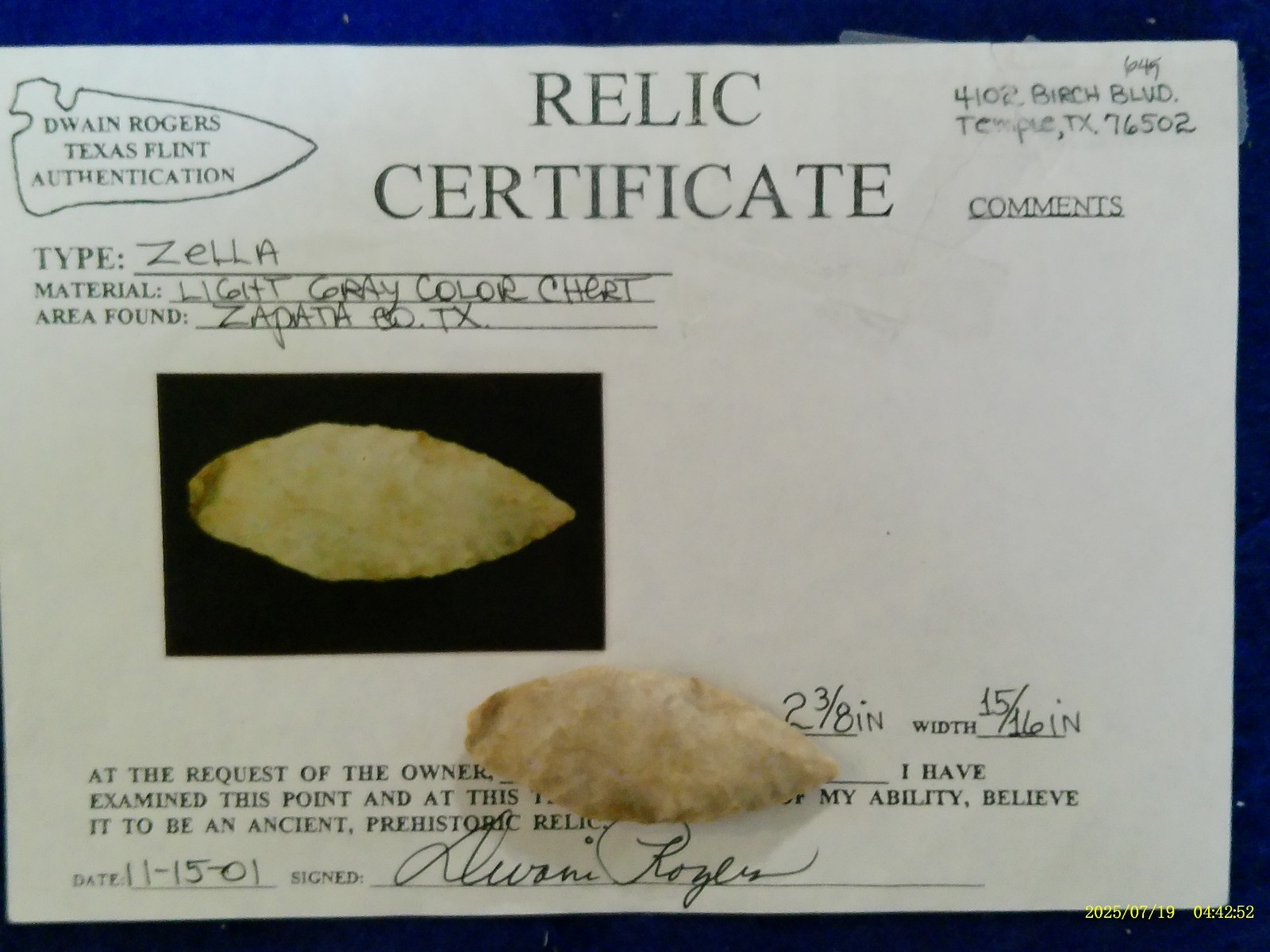 Papered Cen Texas Zella Arrowhead Prehistoric Indian Artifact  PB63