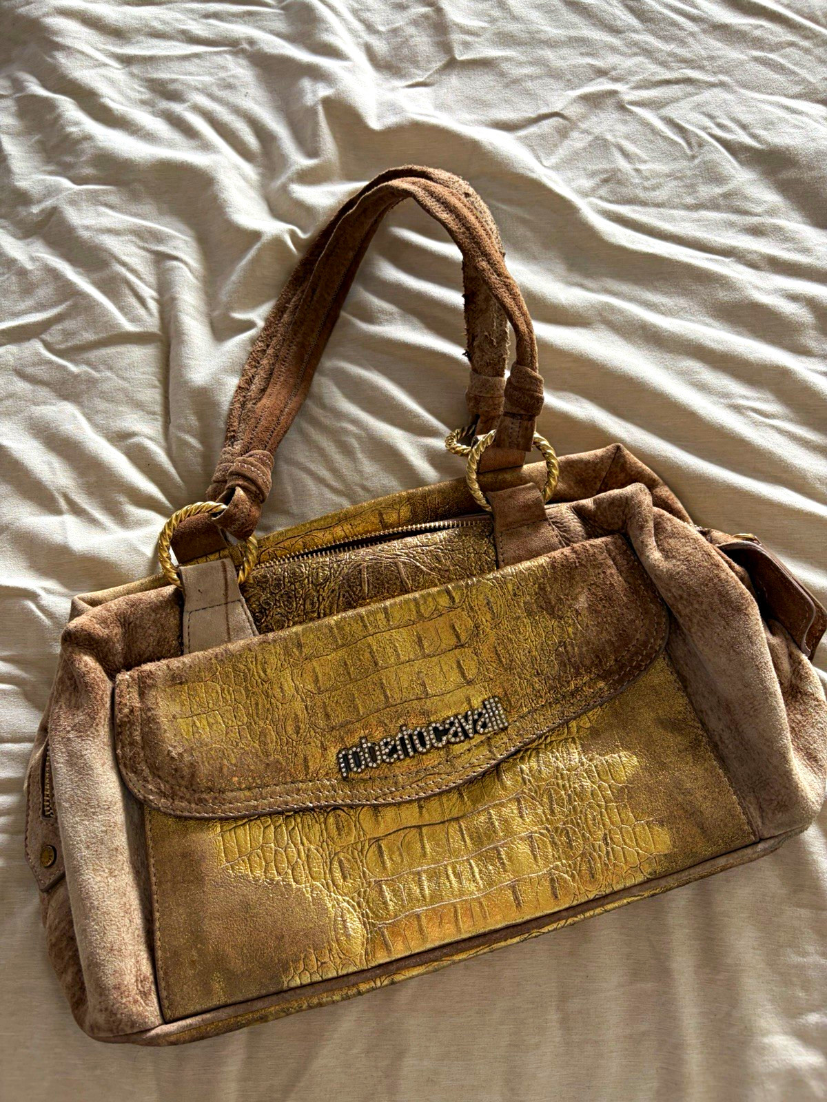 Roberto Cavalli Metallic Gold/Brown Bag Top Handle Zip Bag, Pockets, Animal Roberto Cavalli Metallic Gold/Brown Bag Top Handle Zip Bag, Pockets, Animal