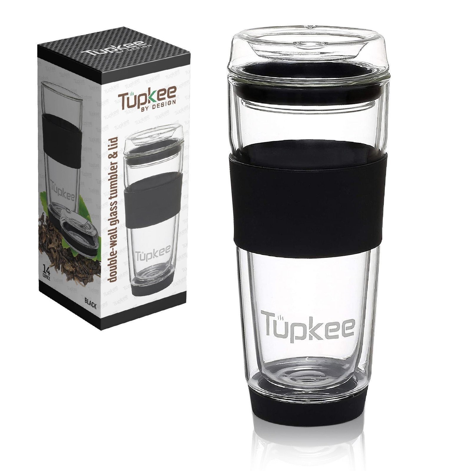 Tupkee Double Wall Glass Tumbler - 14-Ounce, All Glass Travel Mug & Lid - Black