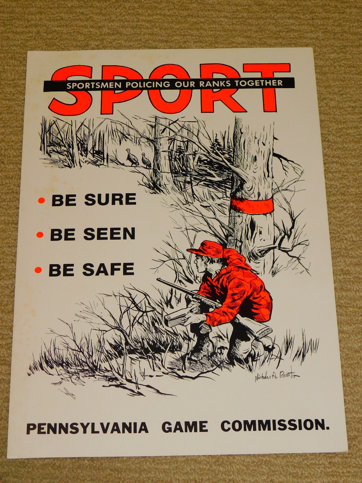 ORIG Vtg PA Pennsylvania Game Commission SPORT Safe Hunting Poster Sign 16x11