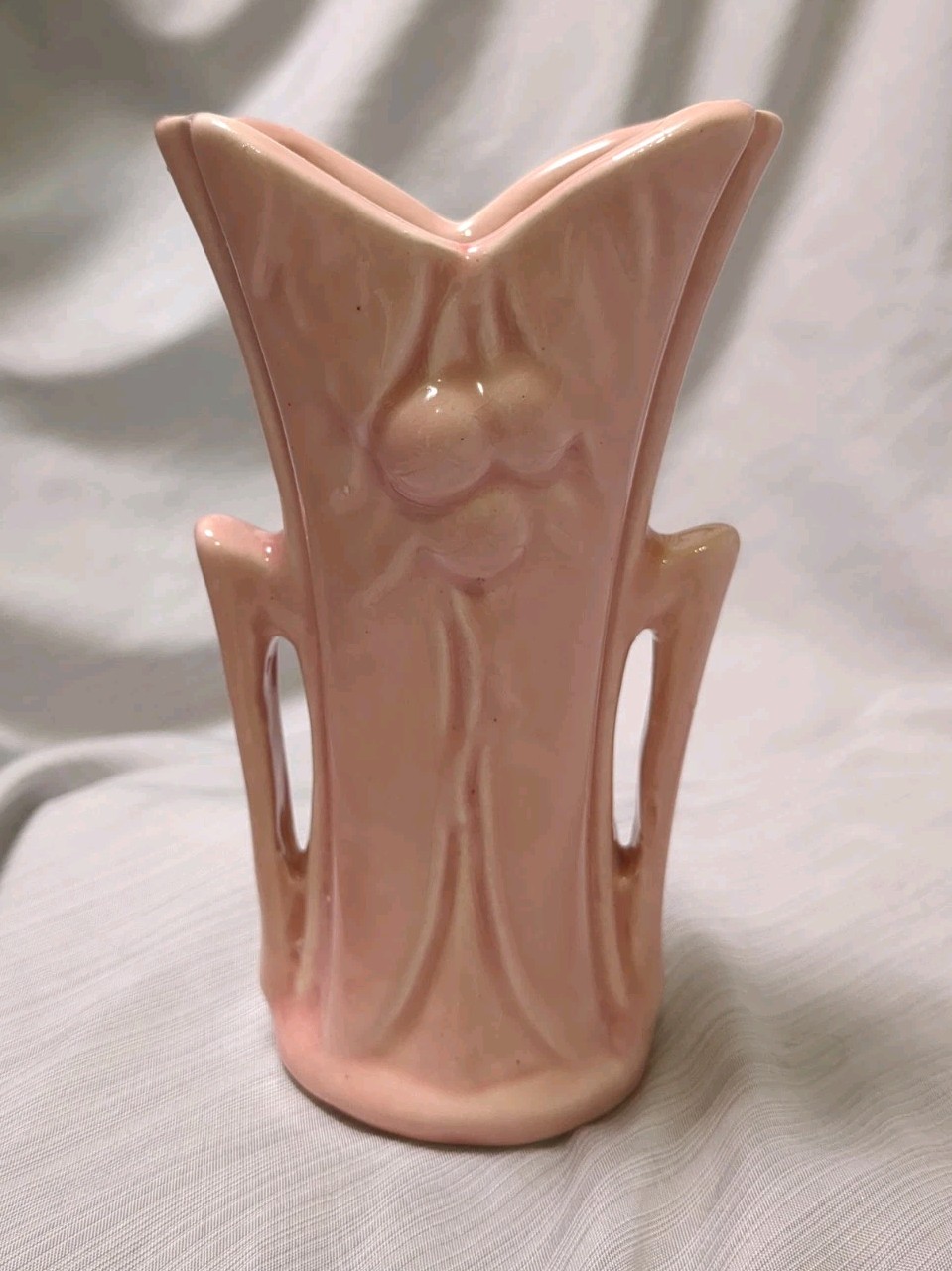Vintage McCoy Pottery Leaves  Berries Pink Vase Double Handle Art Pottery 1940s