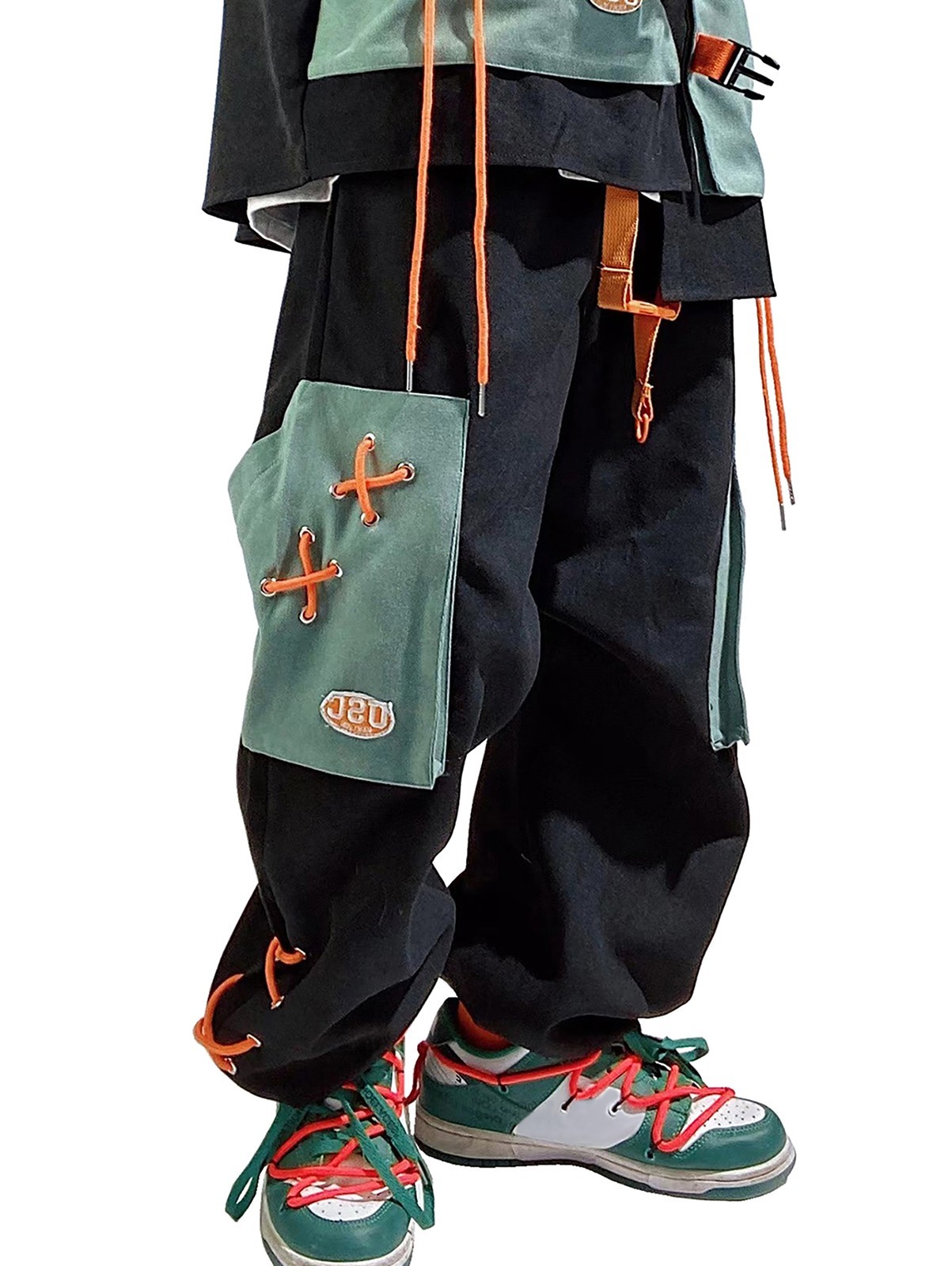 Niepce Men’s Streetwear Techwear Patchwork Cargo Pants with Lace-Up Details