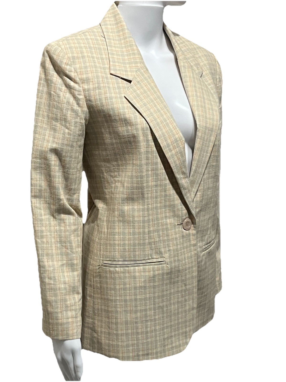 NWT Vintage Adolfo Studio Linen Blend Blazer Size P6 Beige Plaid Dark Academia