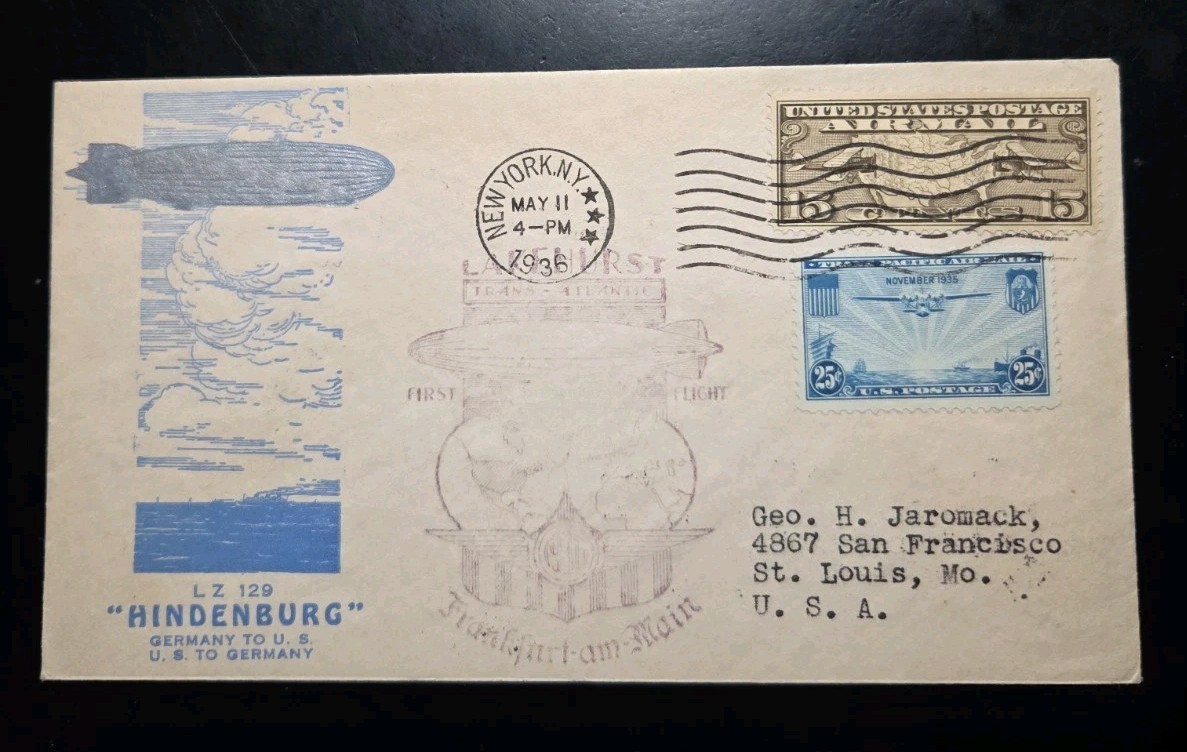 1936 LZ-129 Hindenburg Zeppelin Flown New York City - Germany First Flight Cover