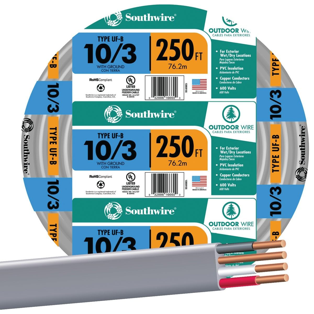 Southwire 250 Ft 10/3 Solid UF-B Wire W/G ( By-The-Roll ) Southwire 250 Ft 10/3 Solid UF-B Wire W/G ( By-The-Roll )