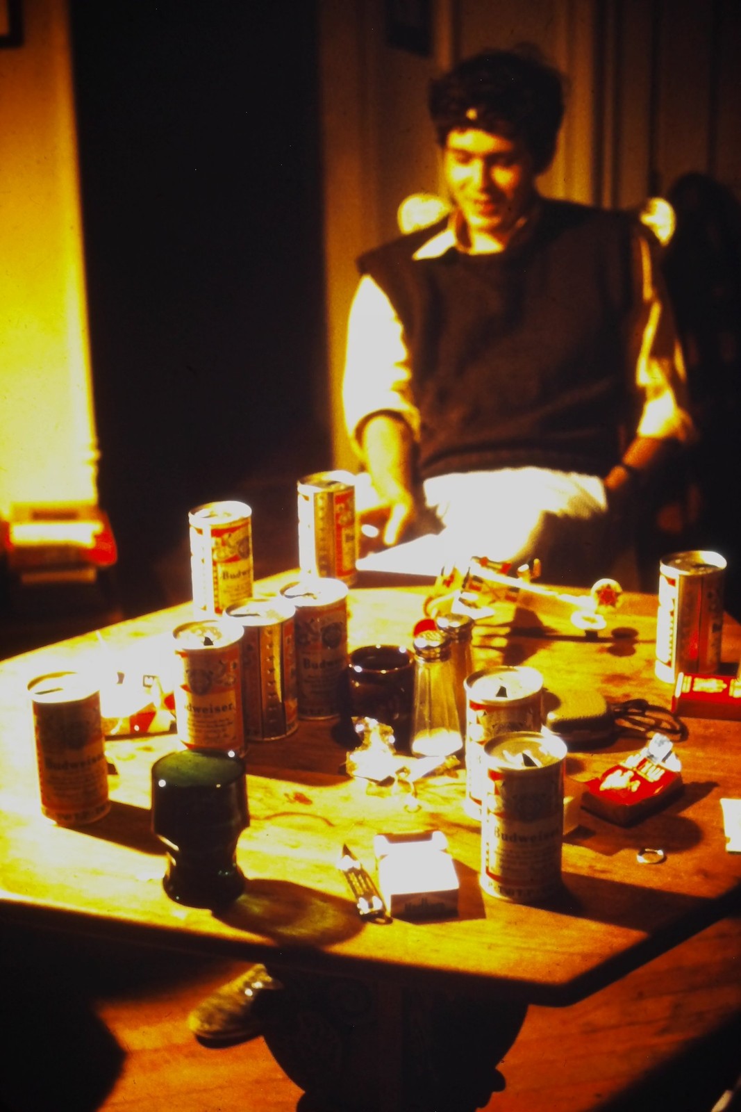 c1970's Kodachrome 35mm Slide Man Sitting at Table with Budweiser Beer Cans c1970's Kodachrome 35mm Slide Man Sitting at Table with Budweiser Beer Cans