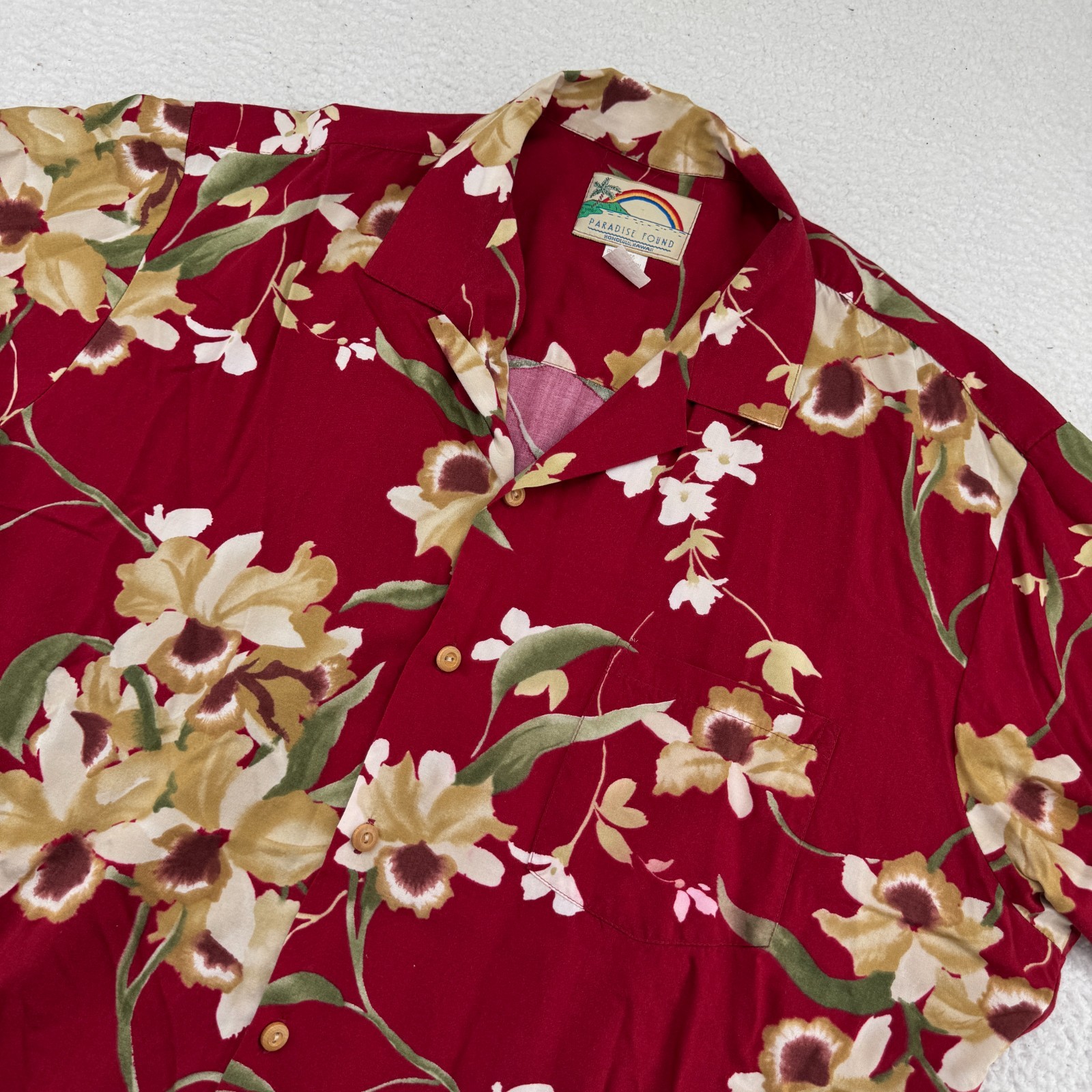 Vintage Paradise Found Hawaiian Shirt Mens XL Red Floral AOP Rayon Made In USA Vintage Paradise Found Hawaiian Shirt Mens XL Red Floral AOP Rayon Made In USA