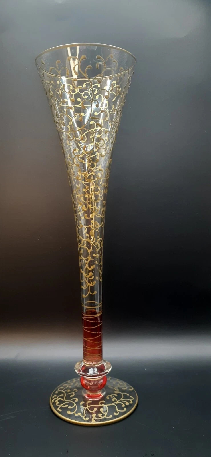 Pier 1 Murano Style Glass Champagne Flute 10 3/4 Tall Red Gold Lattice Nice