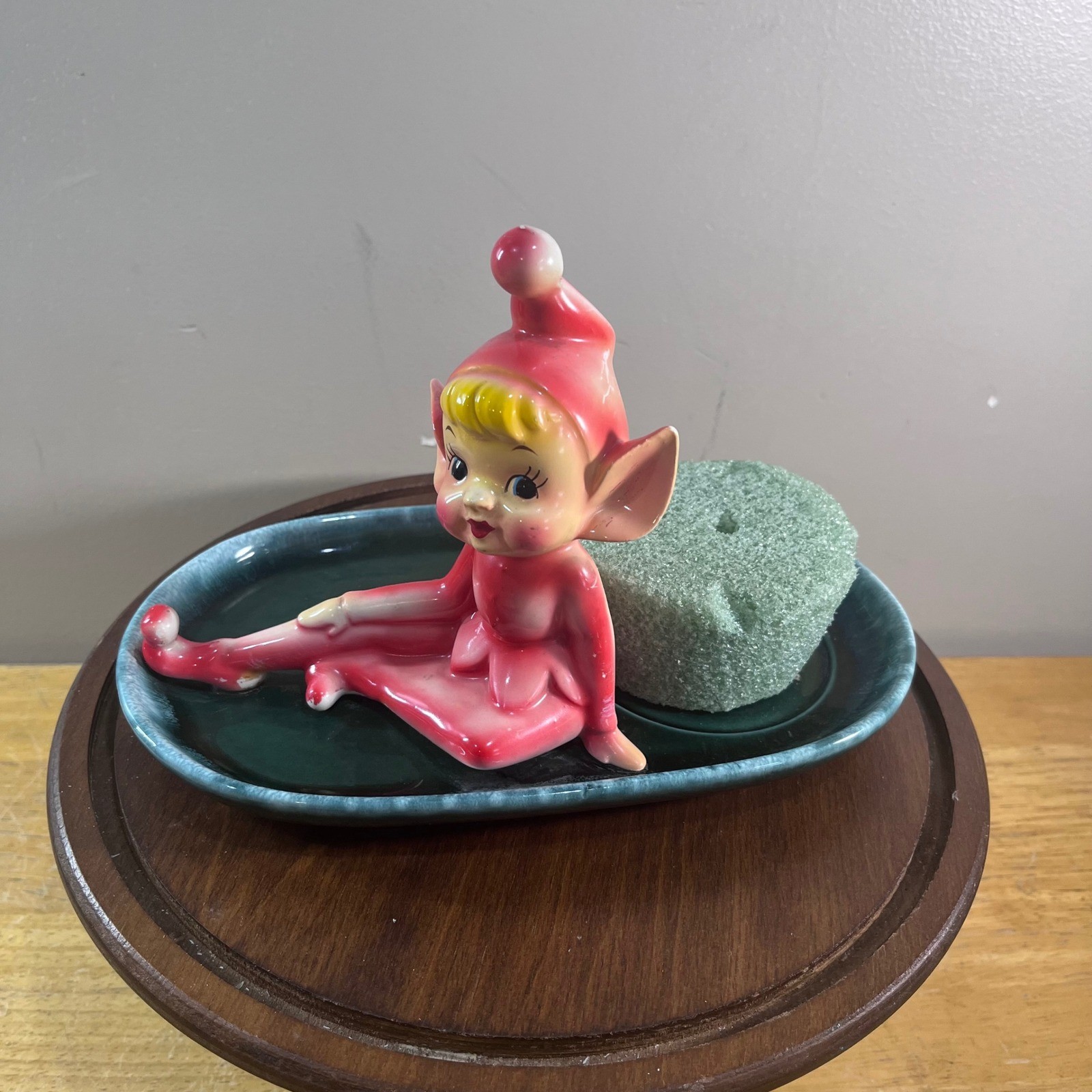 Vtg Pink Pixie Elf Ceramic Figurine Teal Green Tray Mid Century Modern Kitsch