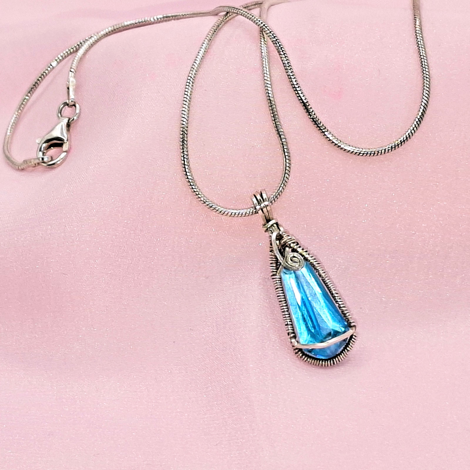 Hand Crafted Genuine Blue Ice Topaz Sterling Silver Wrap Pendant & Chain Hand Crafted Genuine Blue Ice Topaz Sterling Silver Wrap Pendant & Chain
