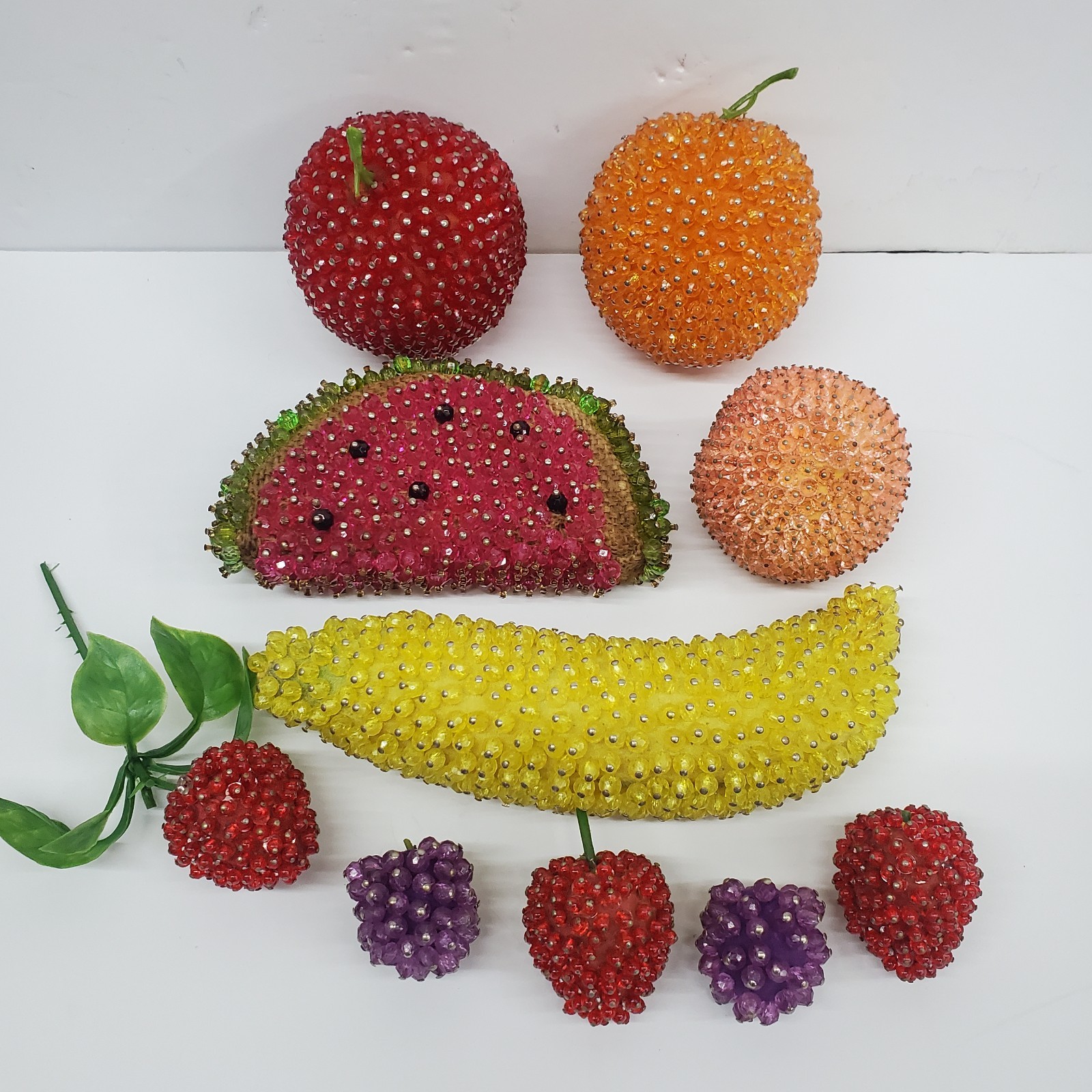 VTG Beaded Sequin Push Pin Faux Fruit Mid-Century MCM Orange Watermelon Peach